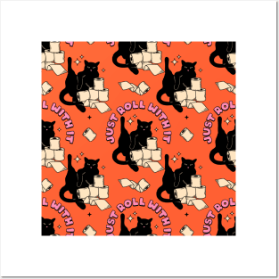 Roll with it Black Cat Pattern in orange Posters and Art